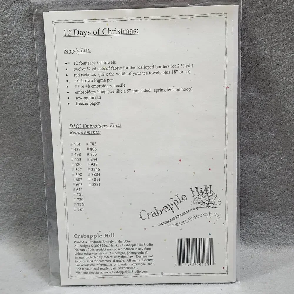 Twelve Days of Christmas Tea Towels Pattern 416 Embroidery Crab Apple Hill 2008